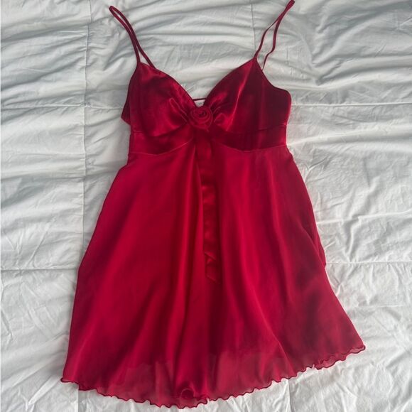 Victoria's Secret Other - Vintage Victoria’s Secret Red Lingerie Slip Dress XS Satin Rose Bow Babydoll
